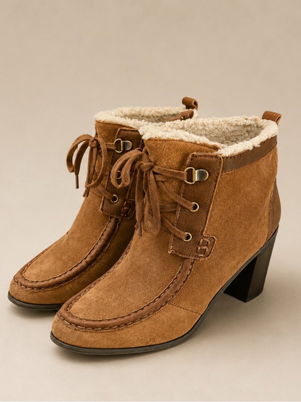 Sam Edelman Shearling Lined Suede Lace Up Moc Toe Ankle Boots Block Heel Size 10